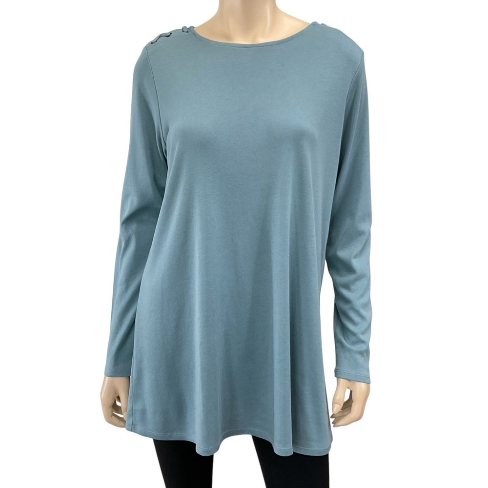 J Jill Pima Laced Shoulder Tunic Top Small Long Sleeve Blue Stretch